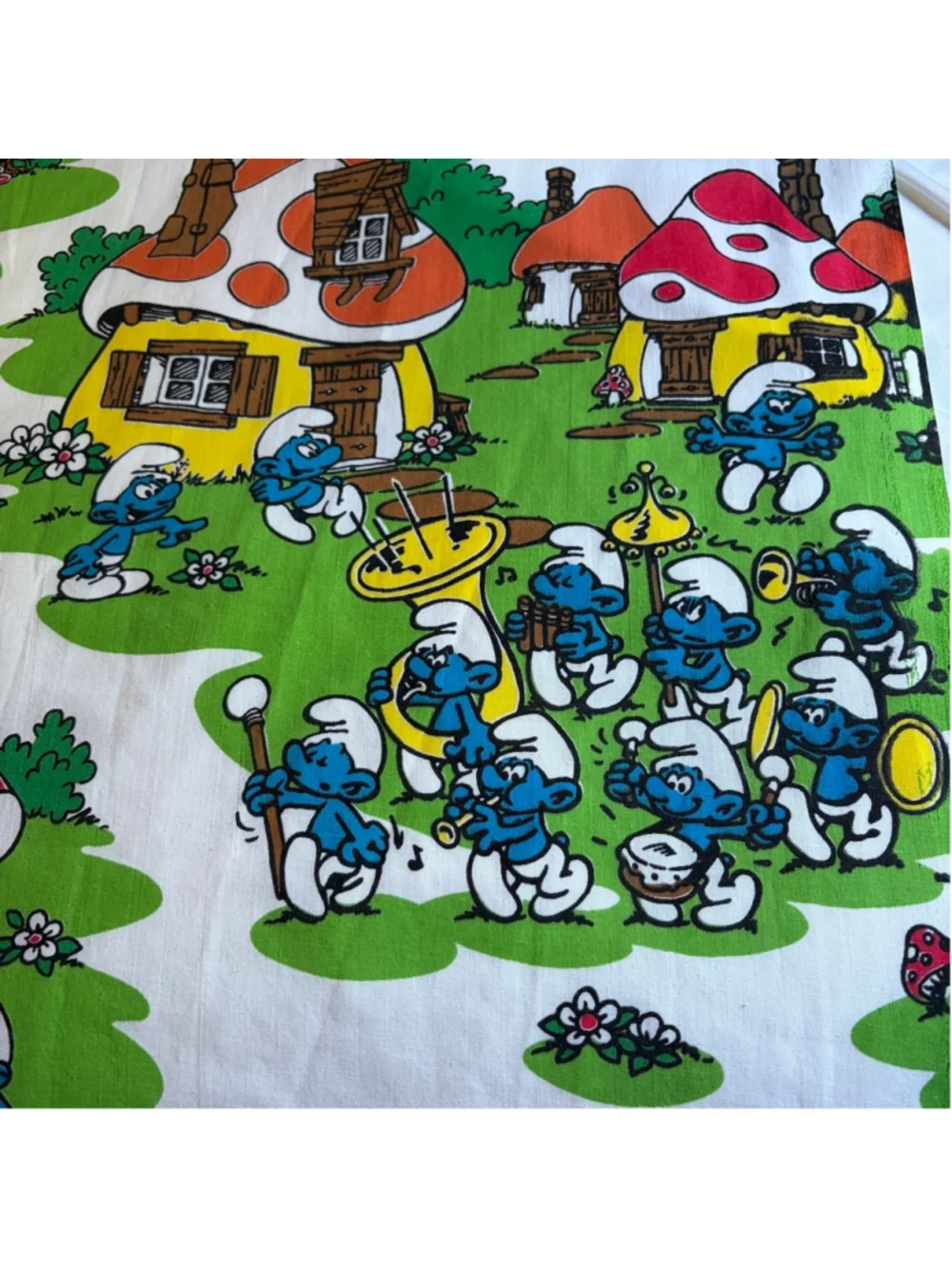 Vintage Smurfs Double Flat Bed Sheet Gargamel Smurfette Papa White Green Fabric